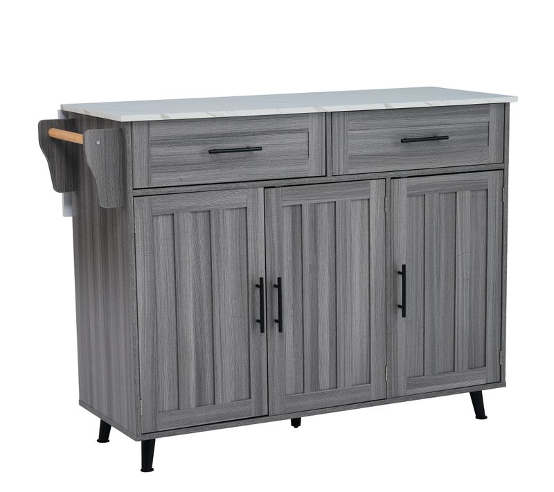 Ilot Central Cuisine Comptoir Avec 3 Portes, 2 Tiroirs Et Bureau Pliable Gris