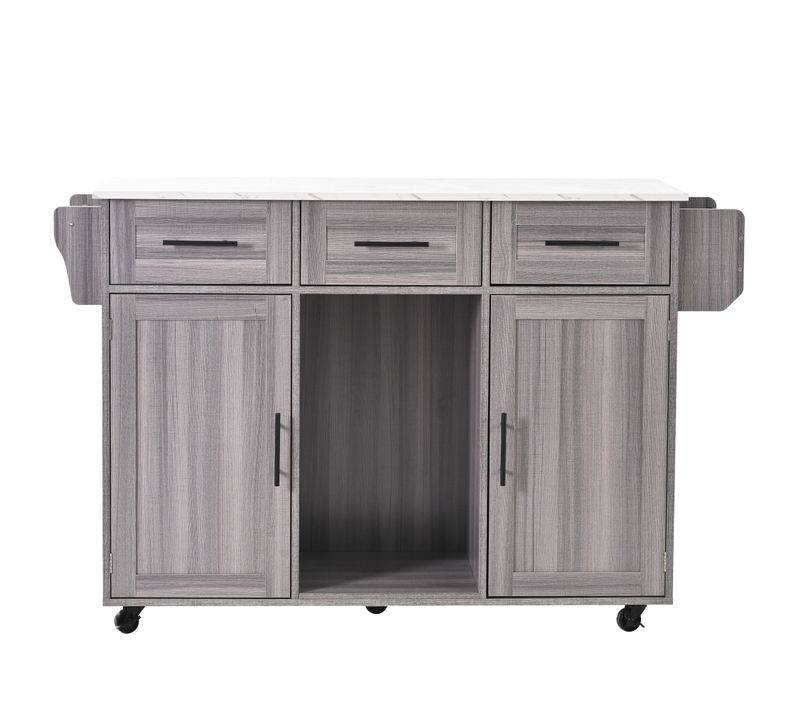 Ilot Central Cuisine Comptoir Avec 2 Portes, 3 Tiroirs Et Bureau Pliable Gris