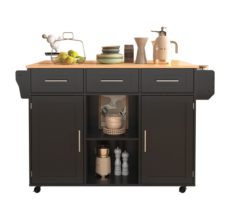 Ilot Central Cuisine Comptoir Avec 2 Portes, 3 Tiroirs Et Bureau Pliable Noir