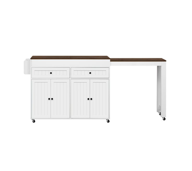 Ilot Central Cuisine Comptoir Avec Table Extensible, 2 Tiroirs Et 4 Portes Blanc Bois