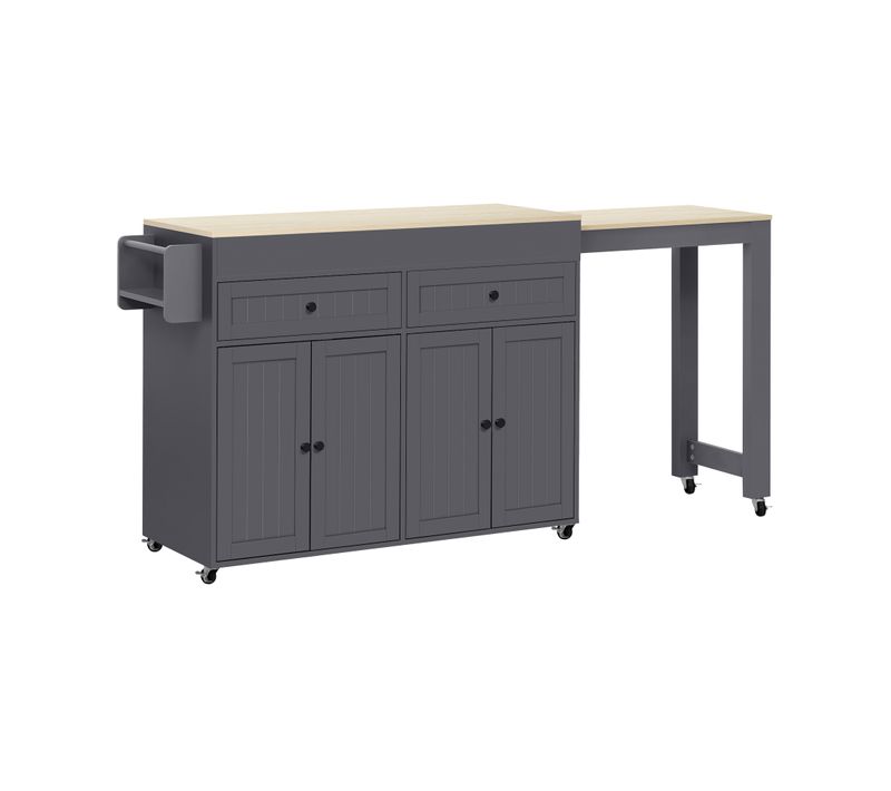 Ilot Central Cuisine Comptoir Avec Table Extensible, 2 Tiroirs Et 4 Portes Bois Gris