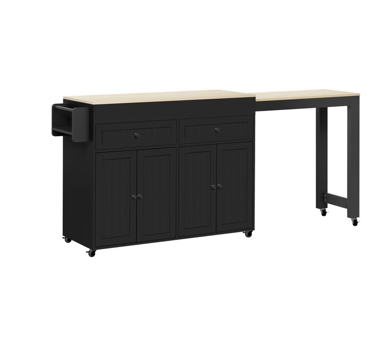 Ilot Central Cuisine Comptoir Avec Table Extensible, 2 Tiroirs Et 4 Portes Noir Bois