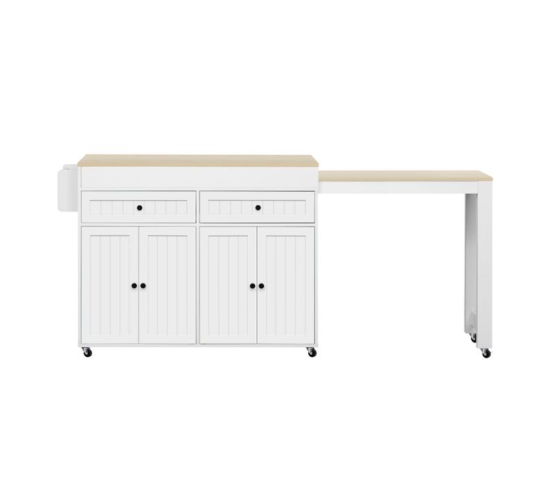 Ilot Central Cuisine Comptoir Avec Table Extensible, 2 Tiroirs Et 4 Portes Bois Blanc