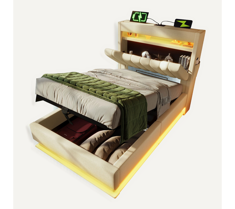 Lit Enfant Coffre 90 X 200cm Avec Tête De Lit Rangement, USB Et LED, Beige Lin