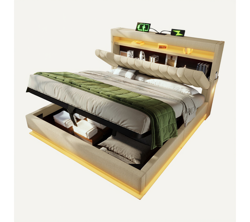 Lit Coffre 160 X 200cm Avec Tête De Lit Rangement, USB Et LED, Beige