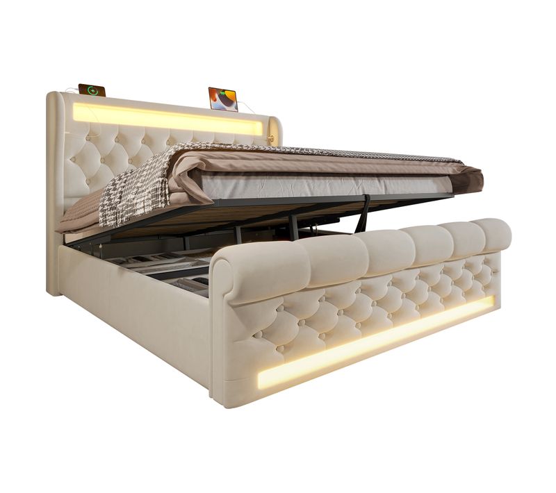 Lit Coffre 160 X 200cm Avec USB Et LED Velours Beige