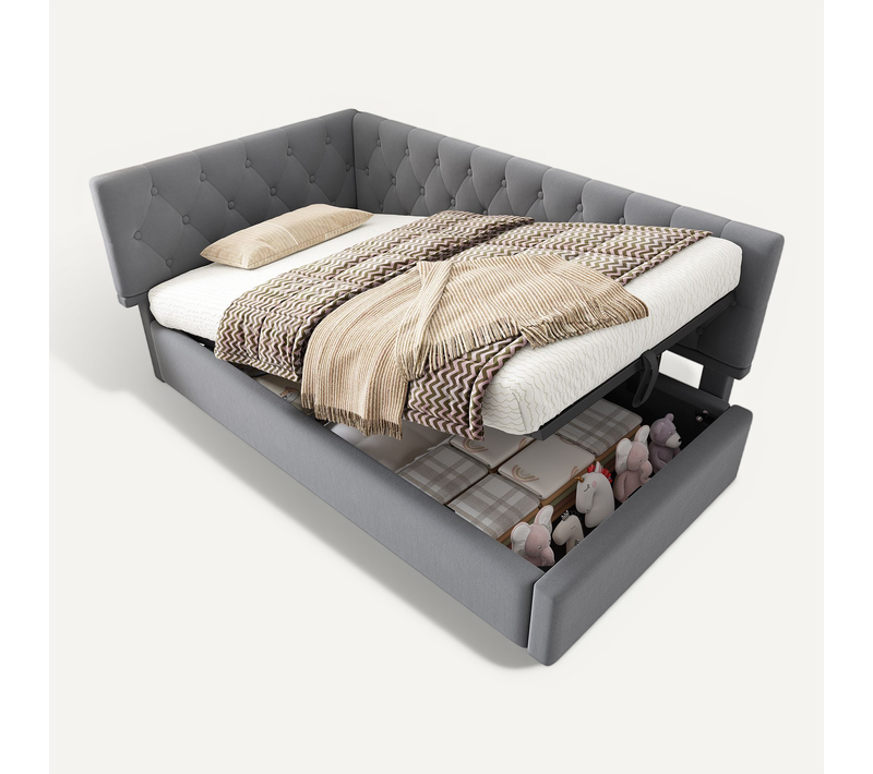 Lit Enfant Coffre 90 X 200cm Avec Sommier Velous Gris