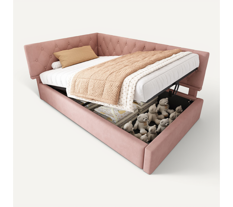 Lit Enfant Coffre 90 X 200cm Avec Sommier Velous Rose