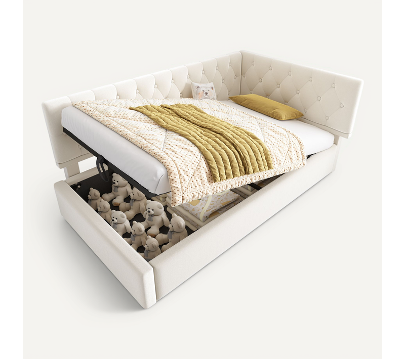 Lit Enfant Coffre 90 X 200cm Avec Sommier Velous Beige