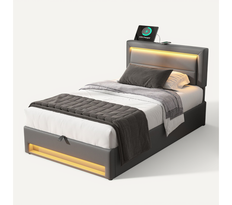 Lit Enfant Coffer 90 X 190cm Avec LED Et USB Pu Gris