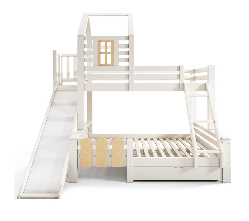 Lit Superposé 140x200cm + 90x200cm Avec Toboggan, 1 Tiroir Et Échelle à 3 Niveaux Blanc