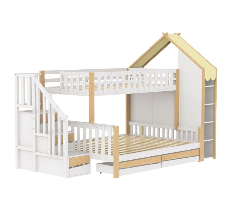 Lit Superposé 140x200cm + 90x200cm Avec 5 Étagères, 2 Tiroirs Et Escaliers De Rangement Blanc