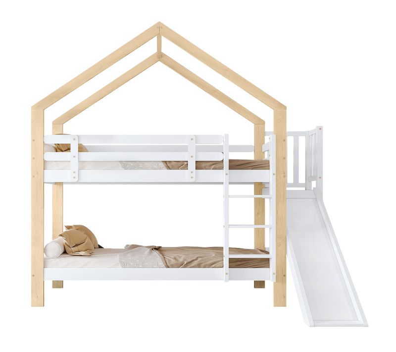 Lit Superposé Cabane 2x90x200cm Avec Toboggan Et Échelle Blanc + Imitation Chêne