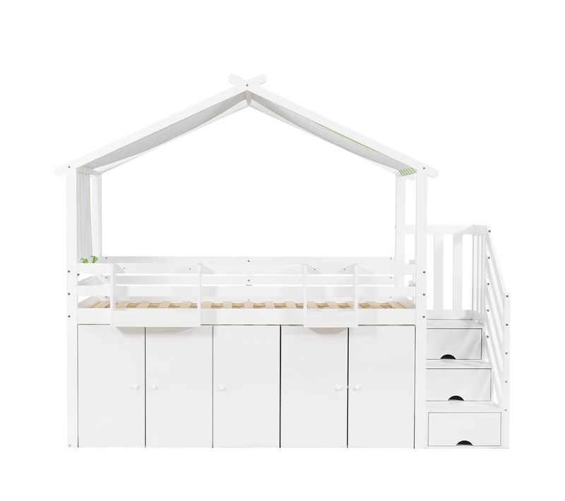 Lit Enfant Cabane 90x200cm Avec 5 Portes Et Escaliers De Rangement Blanc