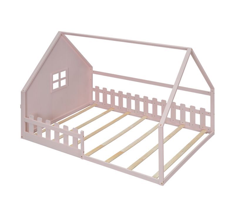Lit Cabane 140x200cm Avec Sommier à Lattes Et Barrières Rose