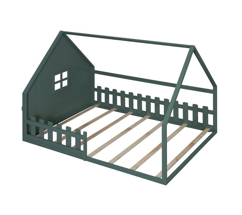 Lit Cabane 140x200cm Avec Sommier à Lattes Et Barrières Vert