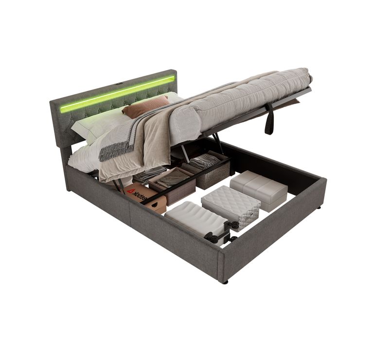 Lit Coffre 160x200cm Avec Tête De Lit Réglable En Hauteur, LED Et USB Lin Gris