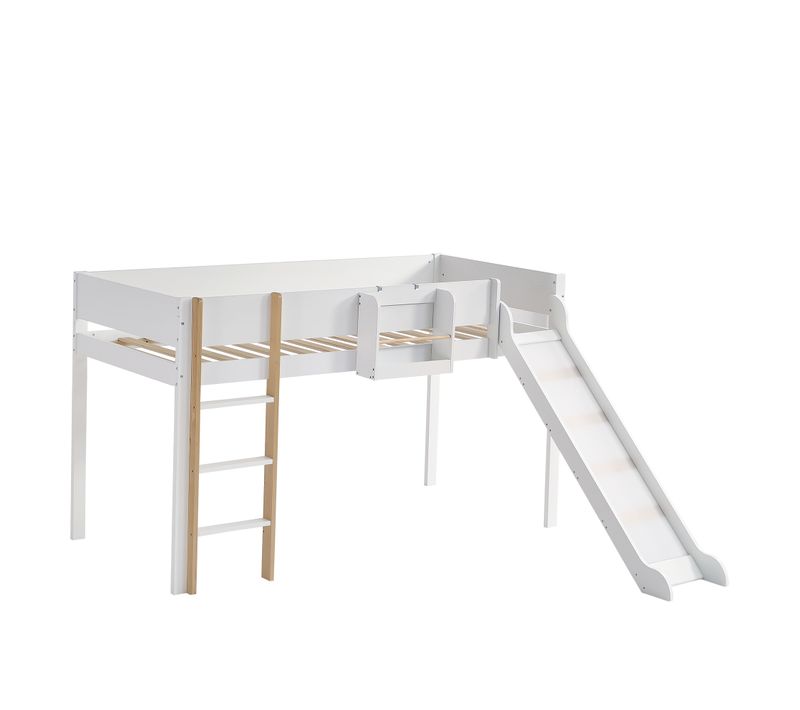 Lit Mezzanine 90x200cm Avec Toboggan Et Échelle Blanc + Imitation Chêne