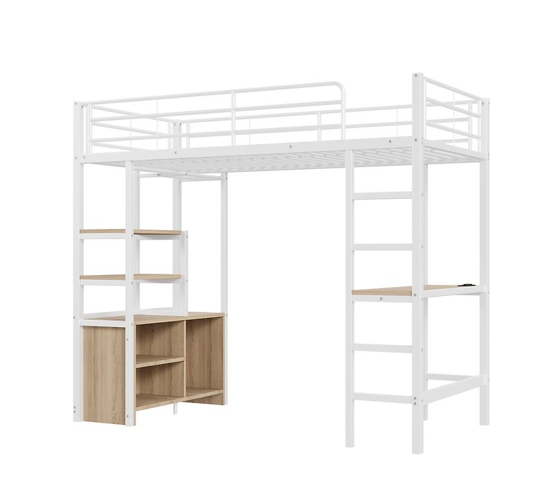 Lit Mezzanine 90x200cm Avec Bureau, Étagère Multicouche Et USB En Métal Blanc