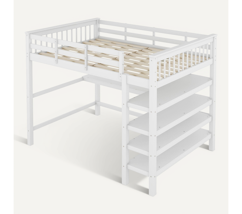 Lit Mezzanine 140x200cm Avec Avec étagères De Rangement à 4 Niveaux Et Bureau Blanc