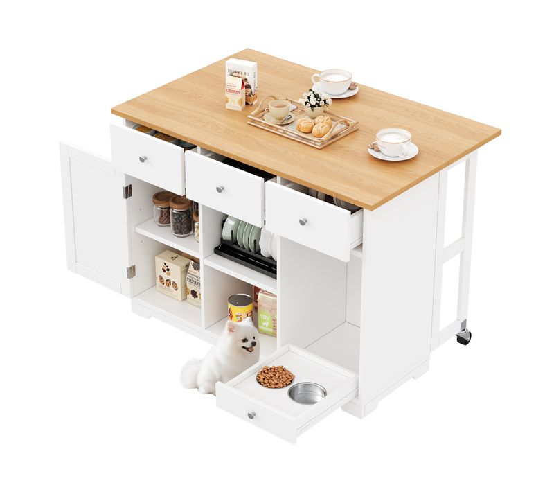 Ilot Central Cuisine Comptoir Avec 3 Tiroirs, 1 Porte Et Bureau Pliable Blanc