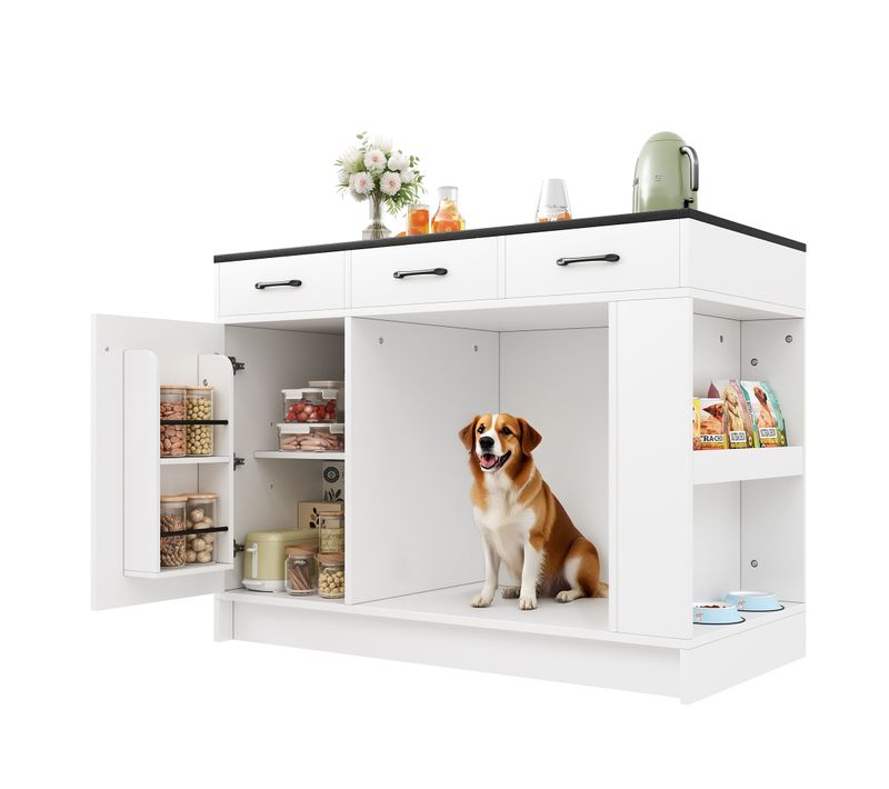 Ilot Central Cuisine Comptoir Avec 3 Tiroirs, 1 Porte Et Bureau Pliable Blanc