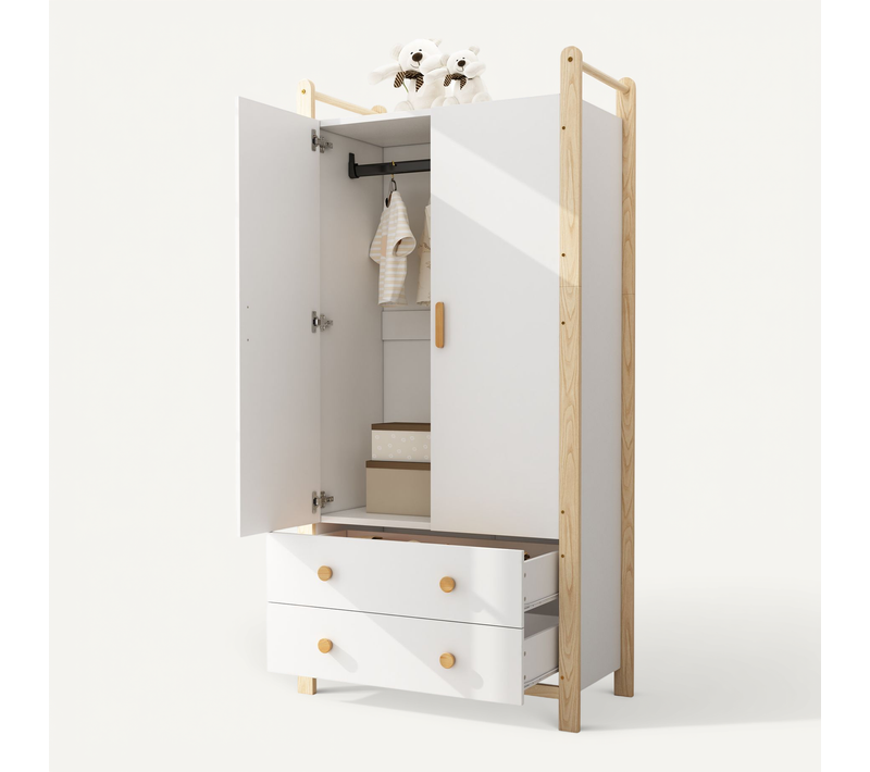 Armoire Enfant Avec 2 Portes, 2 Tiroirs Et Penderie Blanc