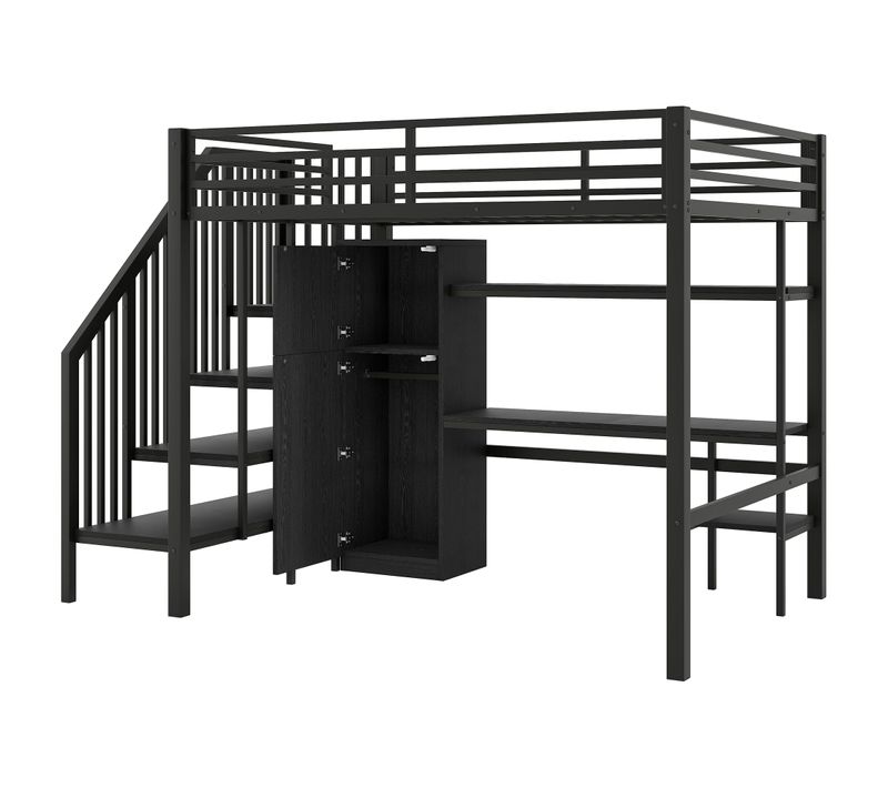 Lit Mezzanine 140x200cm Avec LED, Bureau Et Armoire En Métal Noir