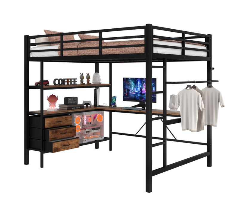 Lit Mezzanine 140x200cm Avec LED, USB, Bureau, Étagère, Portant Et 3 Tiroirs Noir