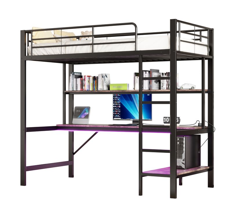 Lit Mezzanine 90x200cm Avec LED, Bureau Et Étagère En Métal Noir