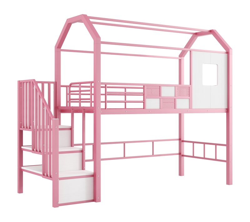 Lit Mezzanine Cabane 90x200cm Avec Étagères Et Escaliers En Métal Rose