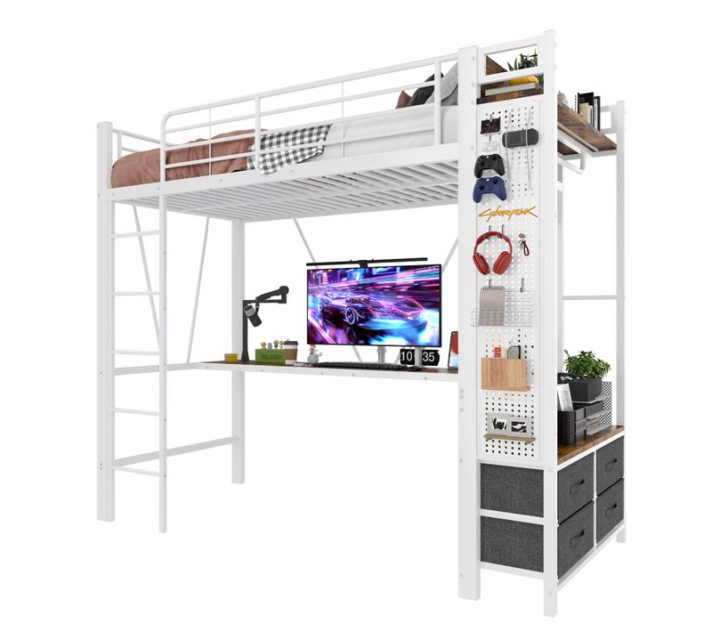 Lit Mezzanine 90x200cm Avec LED, USB, Bureau, Étagère Et Portant En Métal Blanc