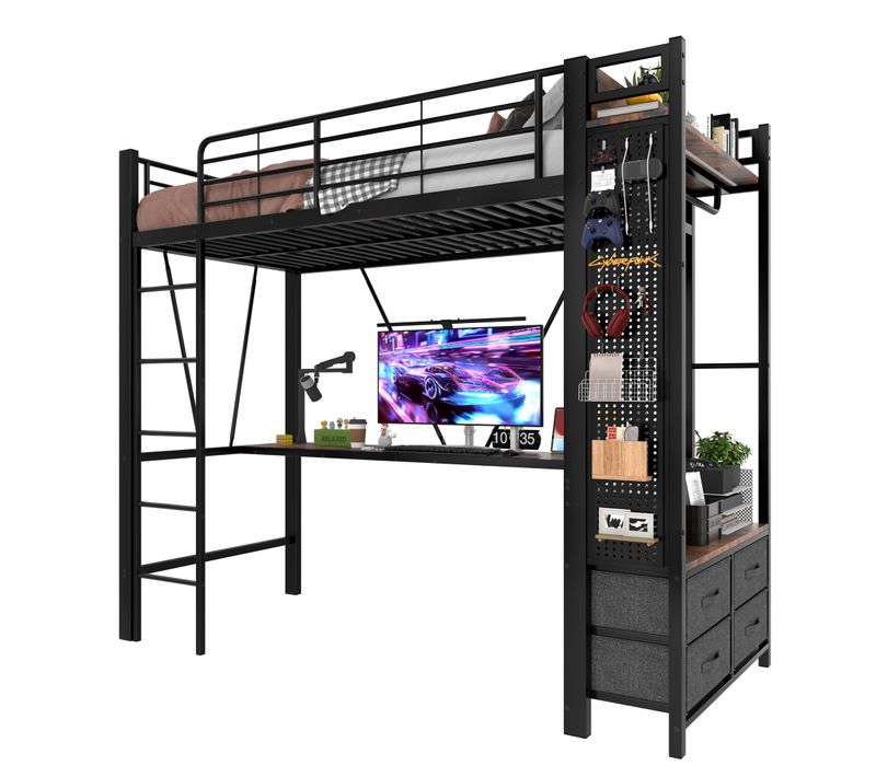 Lit Mezzanine 90x200cm Avec LED, USB, Bureau, Étagère Et Portant En Métal Noir
