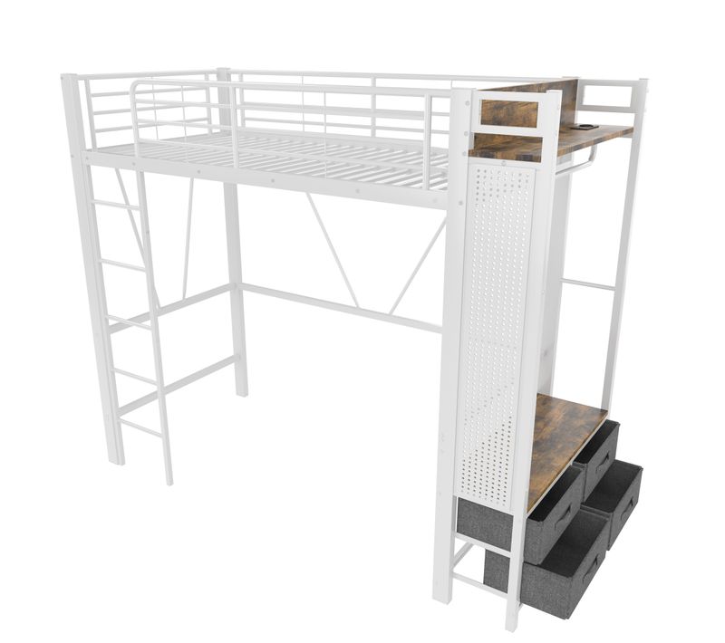 Lit Mezzanine 90x200cm Avec LED, USB, Étagère Et Portant En Métal Blanc