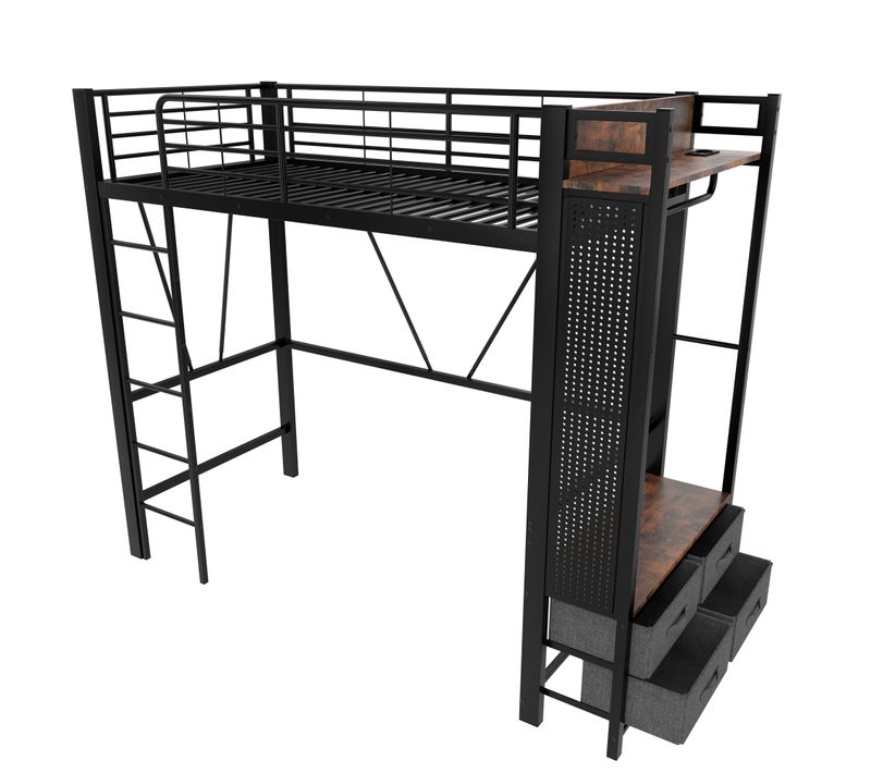 Lit Mezzanine 90x200cm Avec LED, USB, Étagère Et Portant En Métal Noir