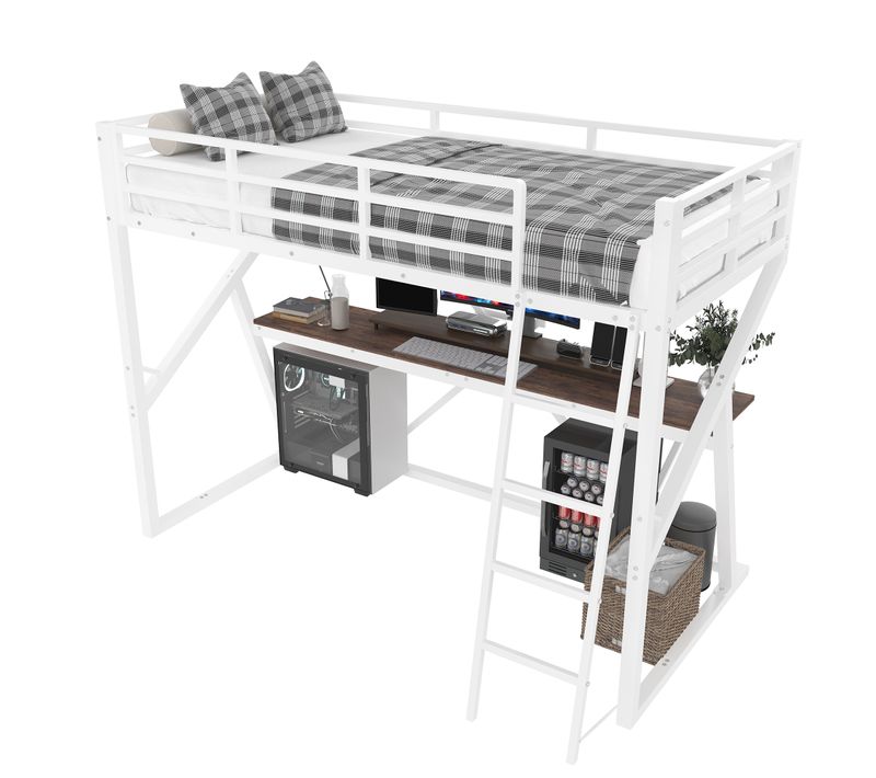 Lit Mezzanine 90x200cm Avec LED Et Bureau En Métal Blanc