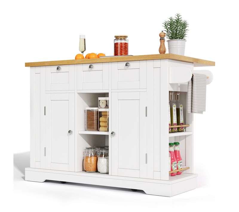 Ilot Central Cuisine Comptoir Avec 3 Tiroirs, 2 Portes Et Bureau Pliable Blanc