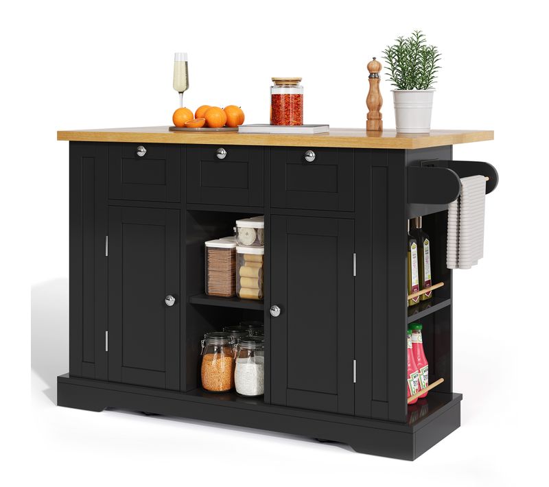 Ilot Central Cuisine Comptoir Avec 3 Tiroirs, 2 Portes Et Bureau Pliable Noir