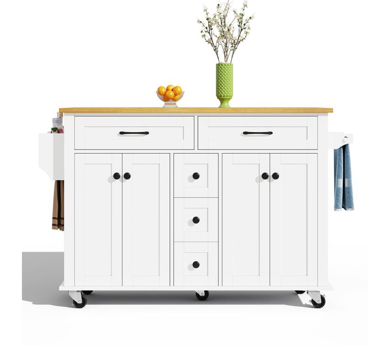 Ilot Central Cuisine Comptoir Avec 5 Tiroirs, 4 Portes Et Bureau Pliable Blanc