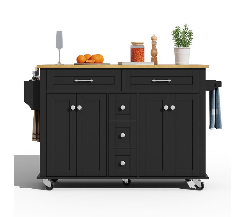 Ilot Central Cuisine Comptoir Avec 5 Tiroirs, 4 Portes Et Bureau Pliable Noir
