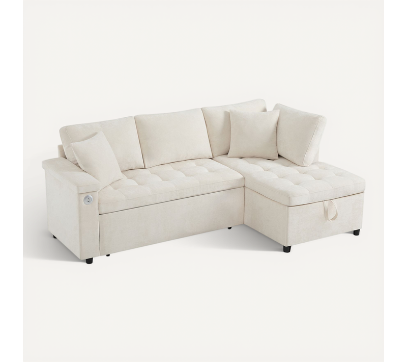Canapé D'angle Convertible Avec Méridienne Réversible Et Espace De Rangement Lin Beige