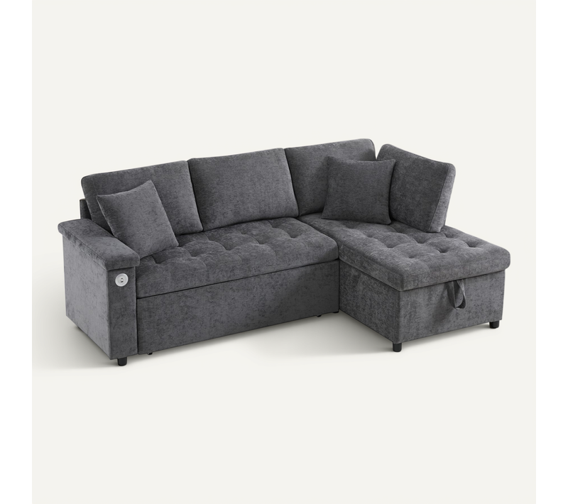 Canapé D'angle Convertible Avec Méridienne Réversible Et Espace De Rangement Lin Gris Foncé