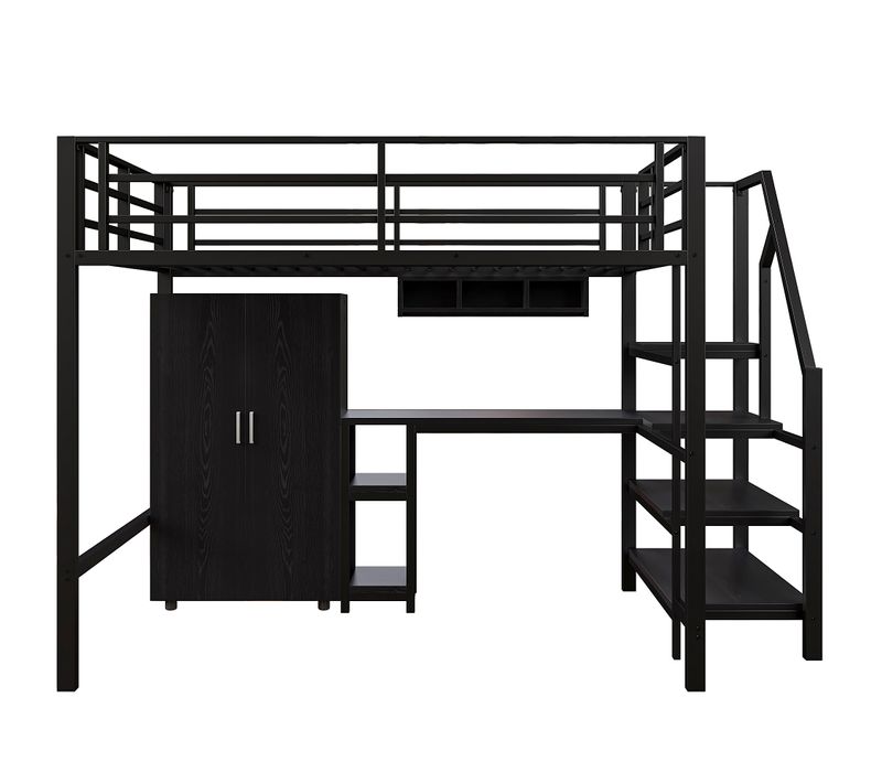 Lit Mezzanine 140x200cm Avec Bureau, Étagère Et Armoire En Métal Noir