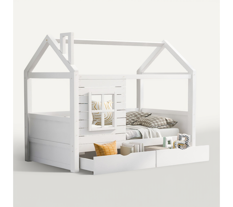 Lit Cabane Enfant 90 X 200cm Avec 2 Tiroirs Blanc