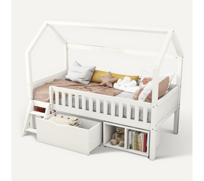 Lit Mezzanine Cabane 90 X 200cm Avec 1 Tiroir Et Compartiment De Rangement Blanc