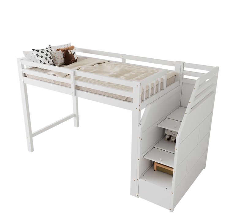 Lit Mezzanine 90 X 200cmavec Escalier De Rangement Blanc
