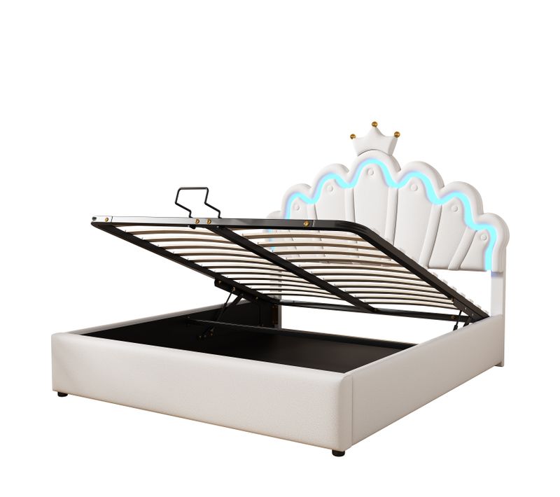 Lit Coffre 140 X 200cm 2 Places Avec Tête De Lit Et Sommier à Lattes Pu Blanc