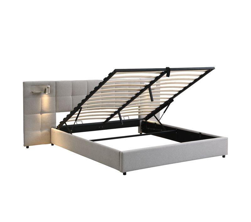 Lit Coffre 180 X 200cm 2 Places Avec Tête De Lit Et Sommier à Lattes Lin Gris