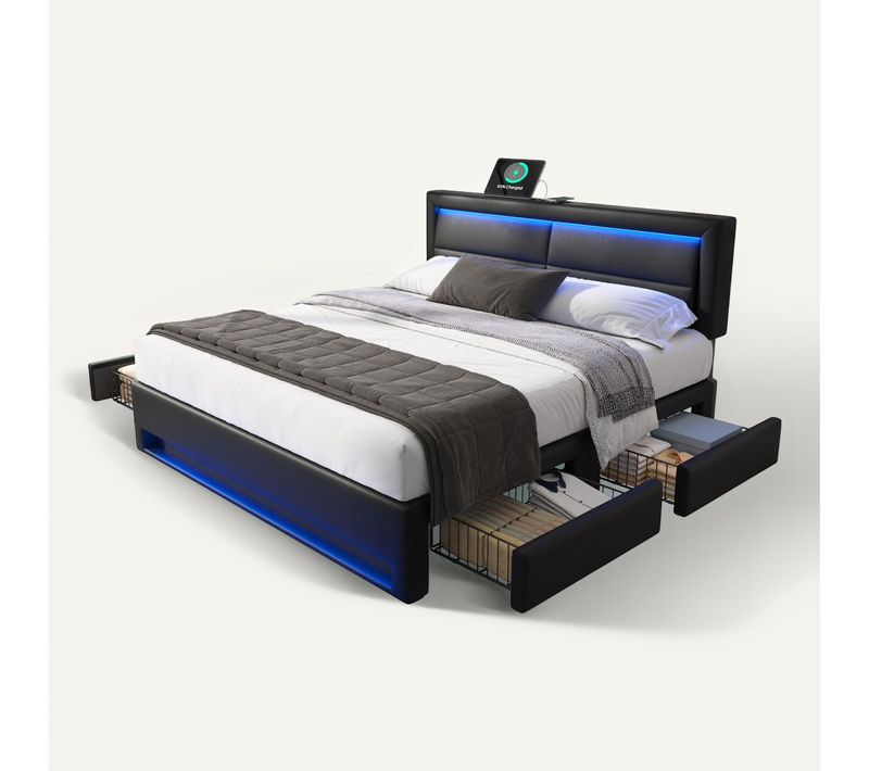 Lit 140 X 190cm 2 Places Avec 4 Tiroirs, LED Et USB Pu Noir