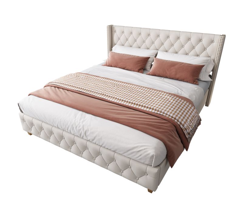 Lit 160 X 200cm 2 Places Avec Tête De Lit Et Sommier à Latte Lin Beige